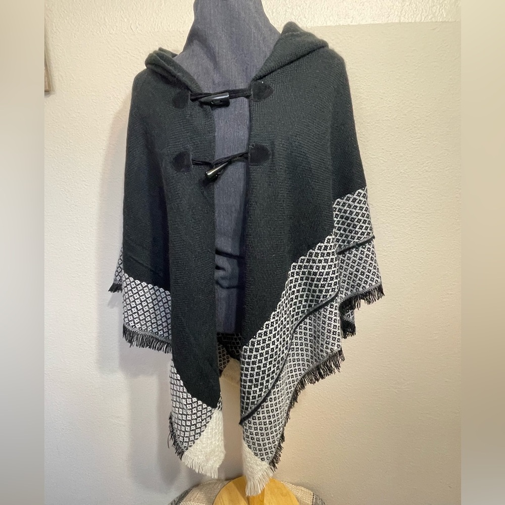 Mixit Black Textured Knit Fabric hooded cape poncho one size